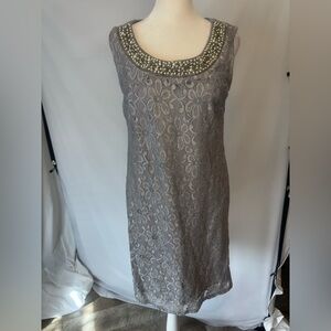 R&M Richards Light Gray|Silver Sleeveless  Dress, Lace Floral Silver Shimmer